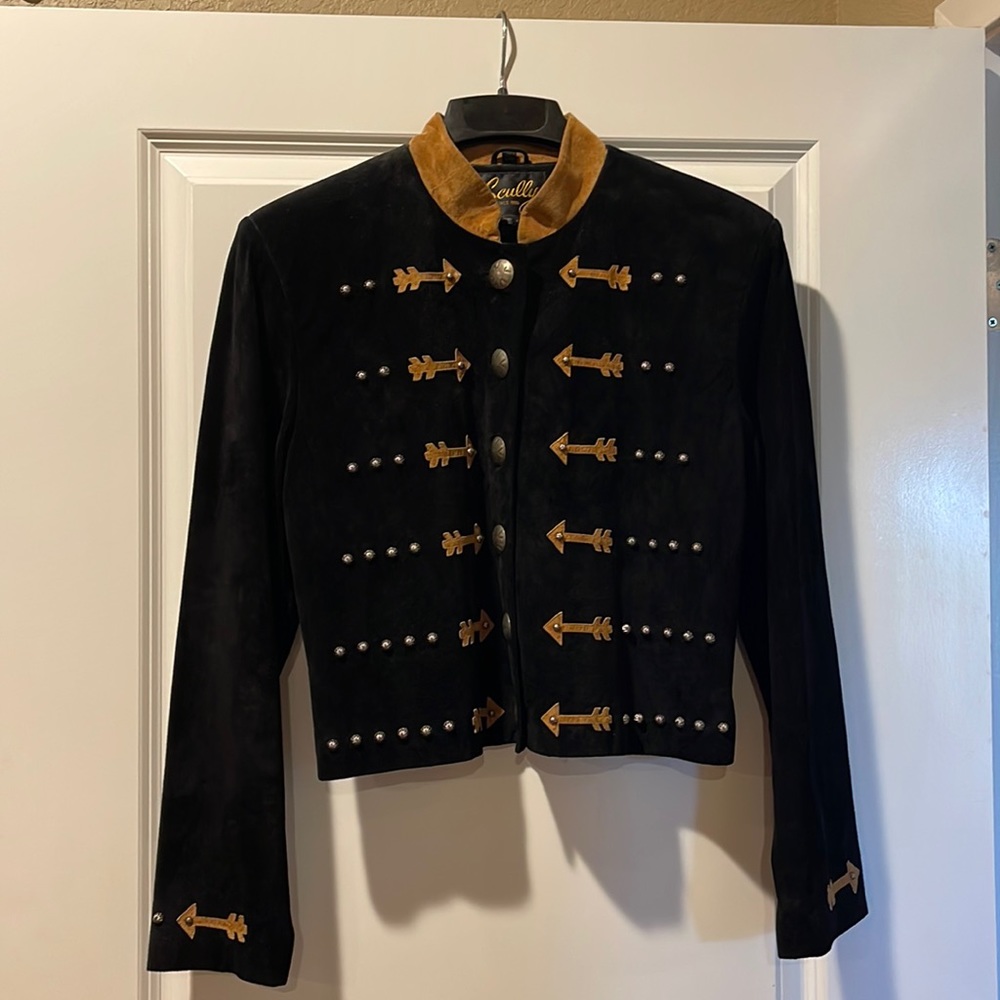 Skulls ladies beaded leather jacket, size Medium, black & tan